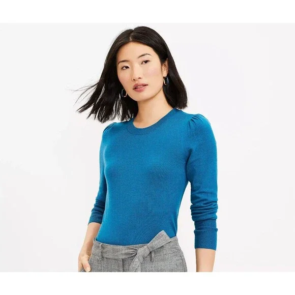 Loft Sweater Medium Teal Puff Sleeve Solid Round Neck Long Sleeve Soft 593282 - Picture 2 of 16
